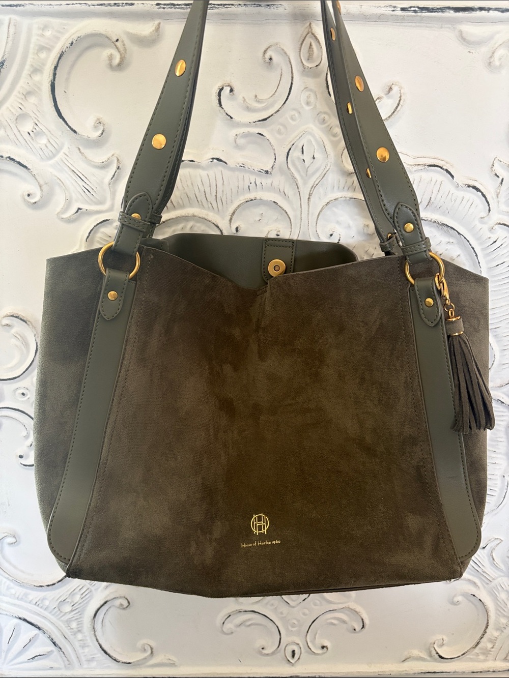 House of Harlow 1960 Olive Suede Shoulder Bag with Gold Hardware and Tassel